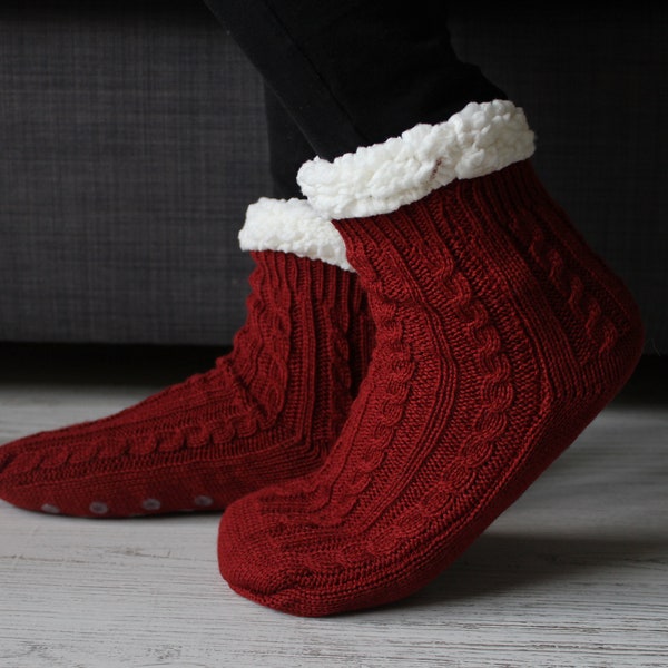 Plush Fleece Lined Slipper Socks with Non-Slip Grips, Cozy and Warm Socks, Ultra Soft Fluffy Socks, Comfy House Socks, Burgundy Fluffy Socks