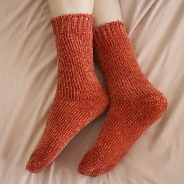 Chenille Knit Socks with Velvet Finish, Soft and Stretchy Socks, Cozy Bedtime Socks, Cinnamon Warm Socks