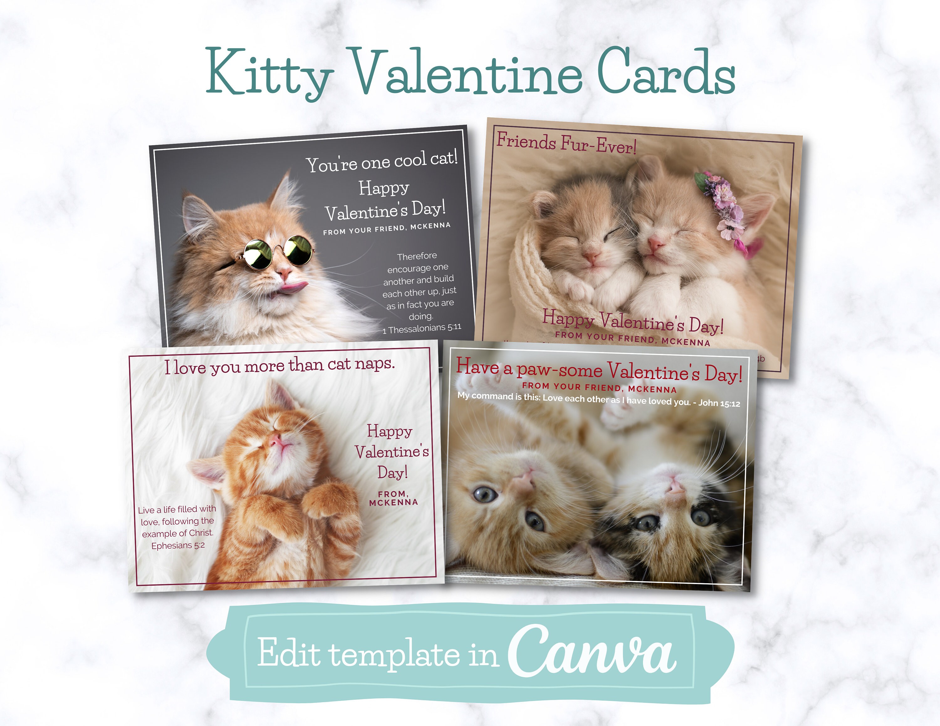 Printable Kitty Cat Valentine Cards for Kids DIY With Canva - Etsy