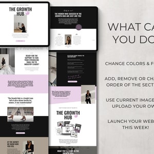 May include: A website mockup for a business called "The Growth Hub" with a pink and black color scheme. The website features text that says "Ready for the support to take your struggling small biz to industry leader?" and "The Growth Hub is a freight train full of ultra-driven female biz owners, it was transformative!"