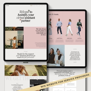 May include: A website screenshot for a virtual assistant service called Assistify. The website features a pink and white color scheme with images of people and text that reads "Welcome to Assistify, your virtual assistant partner." and "We take things off your plate so you can get on with what you do best."