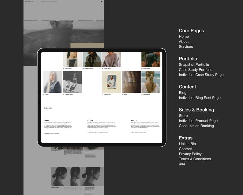 Redaktionell webbmall Squarespace 7.1 Minimal portfoliowebbplats Förfinad designstudiowebbplats Fotografwebbbyrå + Hel kurs bild 4