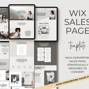 May include: A digital mockup of a Wix sales page template, showcasing a modern design with a neutral color palette. The image includes multiple tablet screens displaying the template's layout, with text that reads "Wix Sales Page Template" and "High Converting Sales Page, Strategically Designed to Convert."