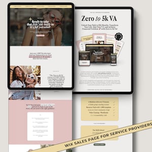 Könnte beinhalten: Ein Screenshot einer pinkfarbenen und weißen Website mit dem Text "Zero to 5k VA" und "Unlock Your Path to 5k Months: Transform Your Life, Quit Your Job & Achieve Financial Freedom with Zero to 5k VA!" Die Website enthält auch eine Liste der Module und Ressourcen, die im Programm verfügbar sind.