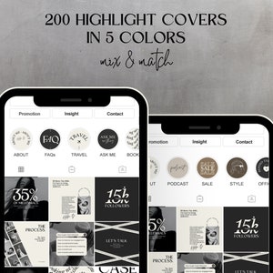 May include: Two phone screens displaying a set of 200 Instagram highlight covers in five different colours. The covers are organised into categories such as "Promotion", "Insight", and "Contact". The covers feature text and graphics, including icons, numbers, and phrases like "About Me", "FAQ", "Travel", "Ask Me", "Podcast", "Sale", "Style", and "Office".