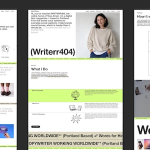 Könnte beinhalten: Ein Screenshot einer Website mit dem Text "WRITERR404" und einem Foto einer Frau. Die Website bietet Informationen zu Dienstleistungen, Branding und digitalem Marketing. Das Design ist modern, mit einem hellgrünen und weißen Farbschema.