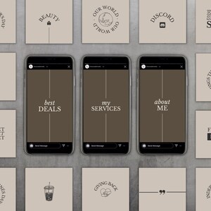 May include: A collection of 12 Instagram story templates with a minimalist aesthetic. The templates feature a brown background with white text and graphics. Some of the templates include text such as "best deals", "my services", and "about me". Other templates feature graphics such as a heart, a coffee cup, and a quote mark.