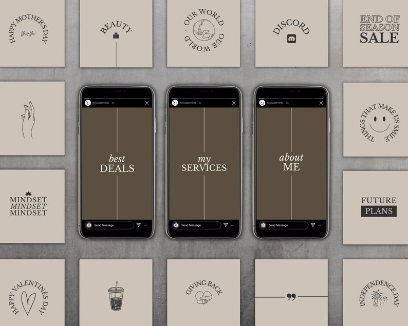 May include: A collection of 12 Instagram story templates with a minimalist aesthetic. The templates feature a brown background with white text and graphics. Some of the templates include text such as "best deals", "my services", and "about me". Other templates feature graphics such as a heart, a coffee cup, and a quote mark.
