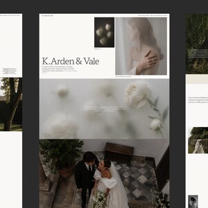May include: A website layout for K. Arden & Vale featuring a wedding photography portfolio. The design includes a header with the brand name, a gallery of soft-focus floral and portrait imagery, and a section showing a couple in wedding attire.