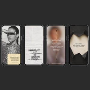May include: A series of six smartphones displaying different graphic designs. The screens feature a woman, text, and abstract art. The color palette is primarily black, white, and beige, with a minimalist aesthetic. The overall theme is modern and artistic.