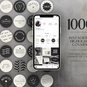 May include: A collection of 1000 Instagram highlight covers in black and white with various text and designs. The covers are editable in the free version of Canva.