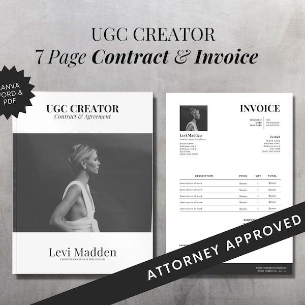 Modèle de contrat et de facture UGC Creator, contrat d'accord UGC, contenu généré par l'utilisateur, modèle de contrat Canva Marketing d'influence