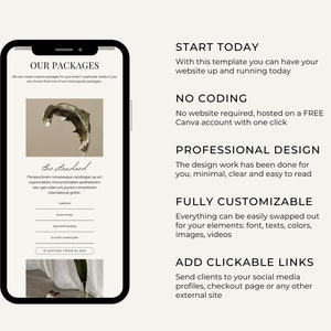May include: A mobile phone screen displaying a website template for a business. The template features a minimalist design with a standard package option, a starting price of $1,999, and a call to action to start today. The text on the screen reads "Our Packages", "The Standard", "Starting from $1,999", "Start Today", "No Coding", "Professional Design", "Fully Customizable", and "Add Clickable Links".