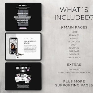May include: A black and white image showing a website design mockup with the text "What's Included?" and a list of 9 main pages, including Home, Services, About, Showcase, Shop, Journal, Podcast, Contact, and Sales Page. The image also includes the text "Extras" and a list of extras, including Link in Bio and Subscribe Pop-up Window. The image also includes the text "Plus More Supporting Pages".