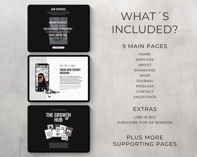 May include: A black and white image showing a website design mockup with the text "What's Included?" and a list of 9 main pages, including Home, Services, About, Showcase, Shop, Journal, Podcast, Contact, and Sales Page. The image also includes the text "Extras" and a list of extras, including Link in Bio and Subscribe Pop-up Window. The image also includes the text "Plus More Supporting Pages".