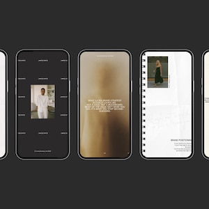Puede incluir: Una serie de tel&eacute;fonos inteligentes que muestran contenido digital. Las pantallas muestran im&aacute;genes, texto y elementos de dise&ntilde;o, incluyendo una persona con ropa blanca, una mujer con un vestido negro y texto sobre estrategia de marca. El fondo es oscuro.