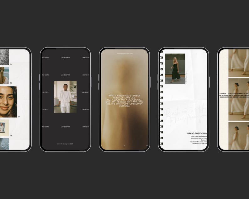 Puede incluir: Una serie de tel&eacute;fonos inteligentes que muestran contenido digital. Las pantallas muestran im&aacute;genes, texto y elementos de dise&ntilde;o, incluyendo una persona con ropa blanca, una mujer con un vestido negro y texto sobre estrategia de marca. El fondo es oscuro.
