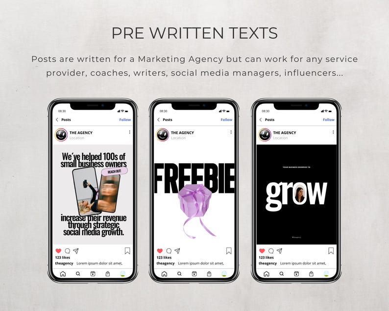 May include: Three Instagram post mockups with black backgrounds and white text. The first post says "We've helped 100s of small business owners increase their revenue through strategic social media growth." The second post says "FREEBIE" with a purple gift box. The third post says "grow" with a woman's face in the "o".