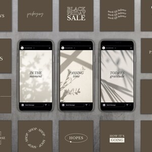 May include: A collage of 12 Instagram post templates with a brown background and white text. The text includes phrases such as "client reviews", "packaging", "black friday sale", "tips and tricks", "in the moment", "passing time", "today's gratitude", "ho me", "the course", "shop shop shop", "hopes", "how it's going", "passion projects", "faq", and "4 you".