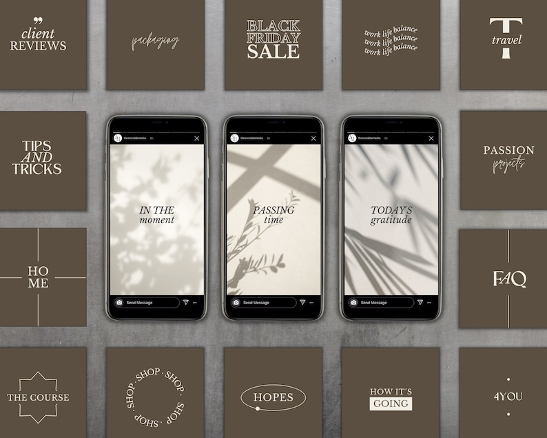 May include: A collage of 12 Instagram post templates with a brown background and white text. The text includes phrases such as "client reviews", "packaging", "black friday sale", "tips and tricks", "in the moment", "passing time", "today's gratitude", "ho me", "the course", "shop shop shop", "hopes", "how it's going", "passion projects", "faq", and "4 you".