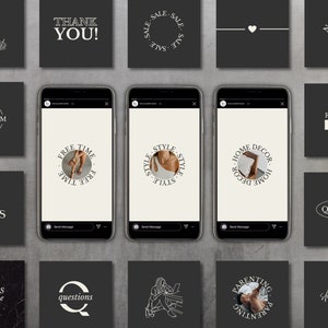 May include: A collection of Instagram story templates with various text overlays, including "Free Time", "Style", "Home Decor", "Quotes", "Parenting", "Shipping", "The Team", "Tips and Tricks", "Today's Gratitude", "Questions", "Thank You", "Sale", "Notion", "Future Plans".