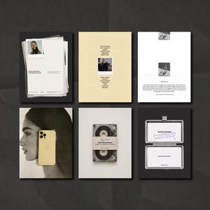 Puede incluir: Una colecci&oacute;n de seis tarjetas y documentos impresos, que incluyen un retrato, una cinta de cassette y un tel&eacute;fono inteligente de color dorado. Las tarjetas presentan texto e im&aacute;genes, dispuestas sobre un fondo gris oscuro. La tarjeta superior derecha tiene una serie de im&aacute;genes peque&ntilde;as.