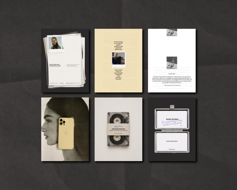 Puede incluir: Una colecci&oacute;n de seis tarjetas y documentos impresos, que incluyen un retrato, una cinta de cassette y un tel&eacute;fono inteligente de color dorado. Las tarjetas presentan texto e im&aacute;genes, dispuestas sobre un fondo gris oscuro. La tarjeta superior derecha tiene una serie de im&aacute;genes peque&ntilde;as.