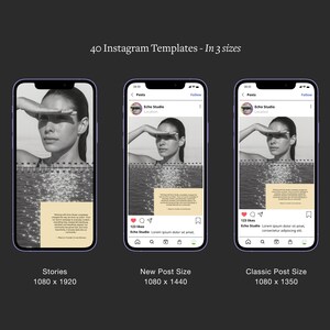 Puede incluir: Tres smartphones que muestran plantillas de Instagram en diferentes tama&ntilde;os: Stories (1080 x 1920), New Post Size (1080 x 1440) y Classic Post Size (1080 x 1350). Cada tel&eacute;fono muestra una imagen en blanco y negro de una mujer protegi&eacute;ndose los ojos. El texto dice "40 plantillas de Instagram - En 3 tama&ntilde;os."