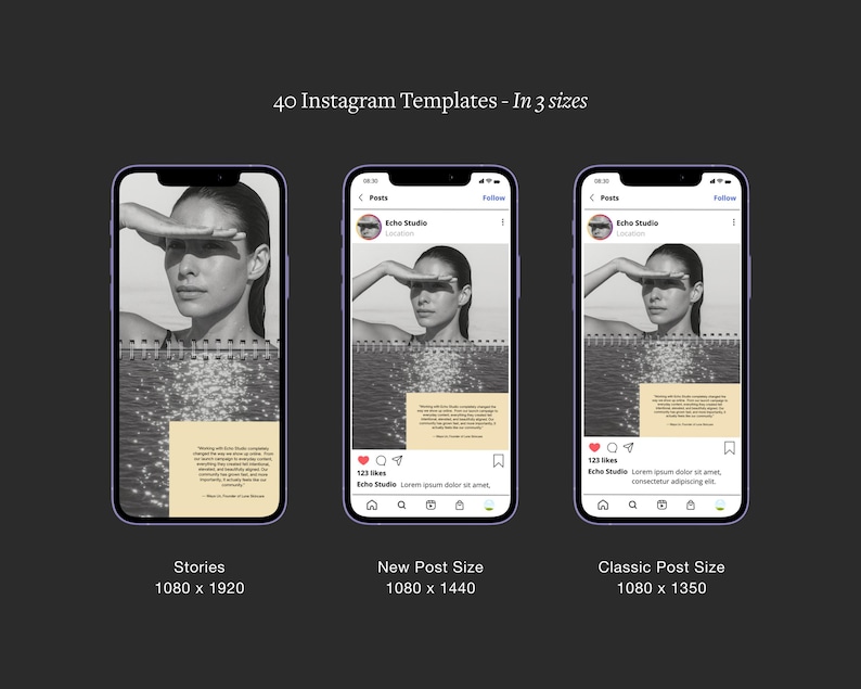 Puede incluir: Tres smartphones que muestran plantillas de Instagram en diferentes tama&ntilde;os: Stories (1080 x 1920), New Post Size (1080 x 1440) y Classic Post Size (1080 x 1350). Cada tel&eacute;fono muestra una imagen en blanco y negro de una mujer protegi&eacute;ndose los ojos. El texto dice "40 plantillas de Instagram - En 3 tama&ntilde;os."