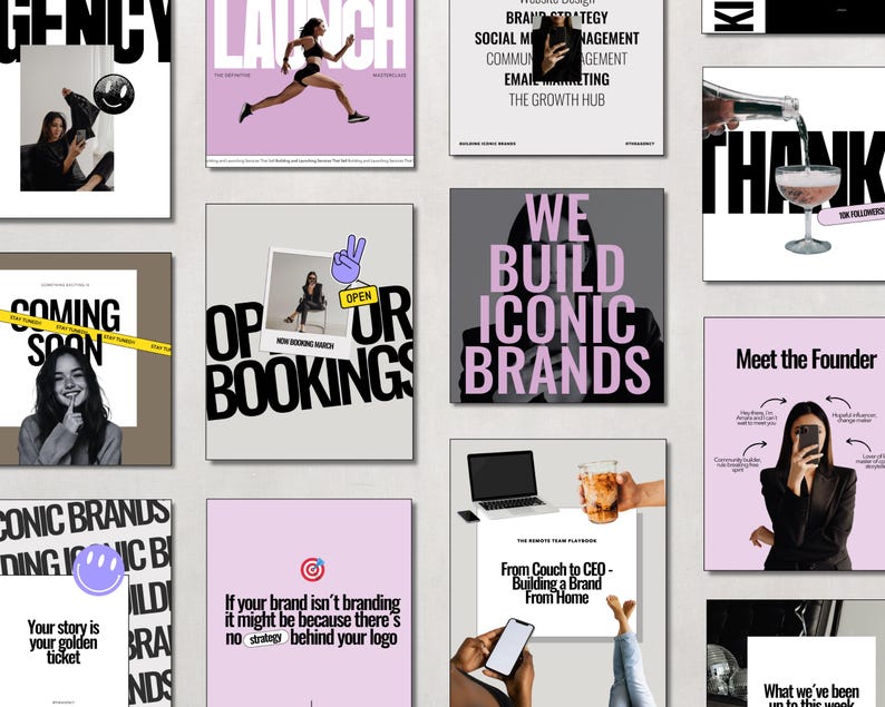 May include: A collage of images promoting a brand building company. The images feature text such as "We Build Iconic Brands", "Coming Soon", "Open for Bookings", and "Meet the Founder".