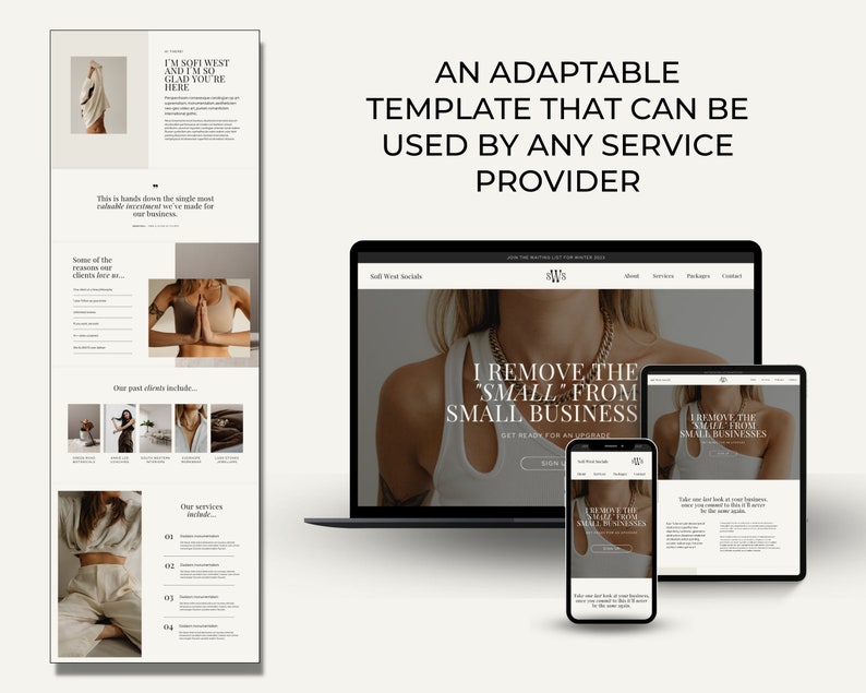 May include: A website mockup for a business called "Soll West Social" with the tagline "I remove the "small" from small business." The website is designed in a minimalist style with a neutral color palette. The website features a photo of a woman wearing a gold necklace.