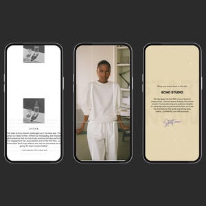 Puede incluir: Tres pantallas de smartphone que muestran diferentes contenidos. La primera muestra una foto de un vaso y una botella. La segunda presenta a una persona vestida de blanco. La tercera muestra el texto "ECHO STUDIO" y una descripci&oacute;n de sus servicios.