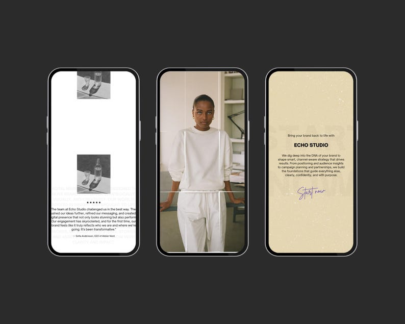 Puede incluir: Tres pantallas de smartphone que muestran diferentes contenidos. La primera muestra una foto de un vaso y una botella. La segunda presenta a una persona vestida de blanco. La tercera muestra el texto "ECHO STUDIO" y una descripci&oacute;n de sus servicios.