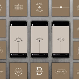 May include: A set of 12 Instagram story templates with a brown background and white text. The templates feature various phrases and designs, including "Join the Club", "Freebies", "Insta Gram", "Behind the Scenes", "Hobbies", "Fashion", "Beauty", "Fitness", "Dreams", "The Podcast", "Client Love", "Business", "Collabs", and "Brands We Love".