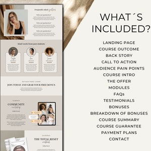 Op de afbeelding: Een grafiek met de tekst "What's Included?" en een lijst met items die zijn inbegrepen in een online cursus. De items omvatten een landingspagina, cursusresultaat, achtergrondverhaal, call to action, pijnpunten van het publiek, cursusintroductie, het aanbod, modules, FAQ's, testimonials, bonussen, uitsplitsing van bonussen, cursusoverzicht, cursusgarantie, betalingsplannen en contact.