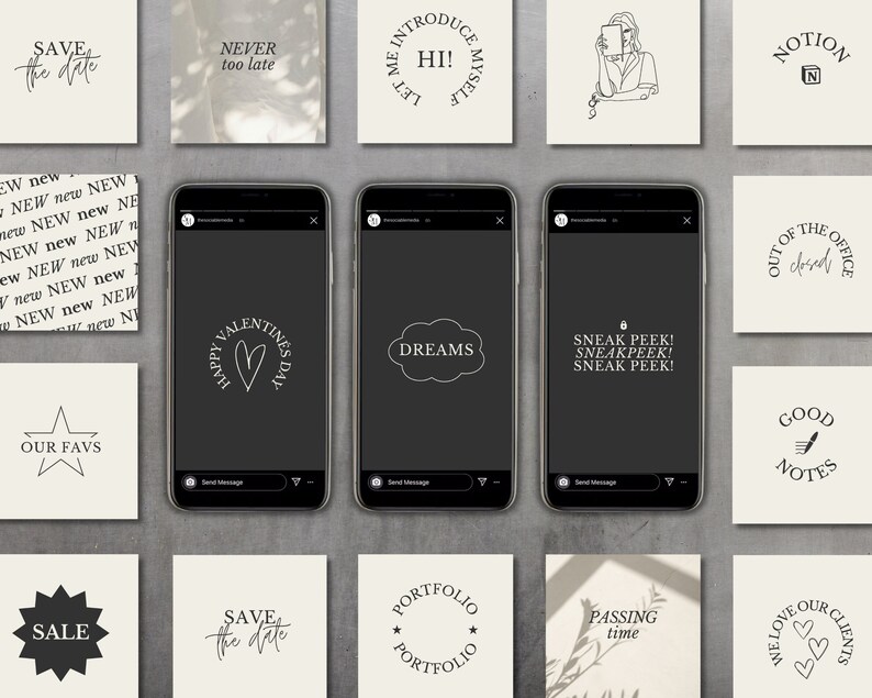 May include: A collage of 15 social media post templates with various designs and text. The templates feature a variety of themes, including "Save the Date", "Never too late", "Happy Valentine's Day", "Dreams", "Sneak Peek", "Out of the Office", "Good Notes", "Portfolio", "Passing Time", "We Love Our Clients", "Sale", and "Our Favs".