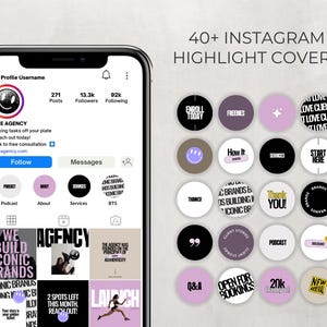 May include: A collection of 40+ Instagram highlight covers with various designs. The covers feature text such as "Enroll Today", "Freebies", "How It Works", "Services", "Start Here", "Thank You", "Podcast", "Q&A", "Open for Bookings", "20k Followers", and "New Arrival". The covers are in a variety of colors, including black, white, pink, and brown.