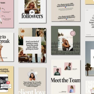 May include: A collage of Instagram posts promoting social media marketing services. The posts feature images of people, text, and graphics. Some of the text includes "Meet the team", "Time to take a break", "Aren't you tired of putting so many hours into social media without getting any leads?", "Game changer! My VA handles all the nitty-gritty details, so I can focus on growing my business. Couldn't be happier!" and "client love".