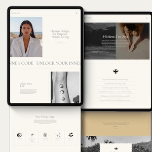 Puede incluir: Dos tabletas negras que muestran diseños de sitios web. Una tableta muestra a una mujer con una camisa blanca con el texto "Human Design, for Purpose-Driven Living". La otra tableta muestra una foto de paisaje con el texto "Hi there, I'm Deya."