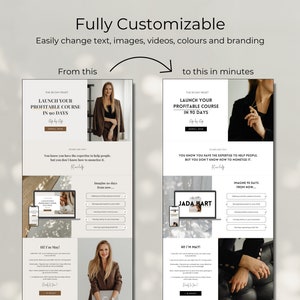 Op de afbeelding: Een website-mockup die een voor-en-na-voorbeeld van website-ontwerp laat zien. De afbeelding v&oacute;&oacute;r toont een website met een eenvoudig ontwerp en een foto van een vrouw. De afbeelding n&aacute; toont een website met een moderner ontwerp en een foto van een vrouwenhand met een ring. De tekst op de website luidt "Lanceer je winstgevende cursus in 90 dagen".