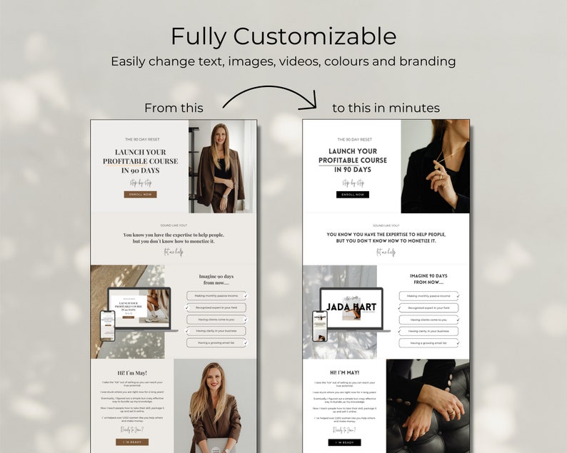 Op de afbeelding: Een website-mockup die een voor-en-na-voorbeeld van website-ontwerp laat zien. De afbeelding v&oacute;&oacute;r toont een website met een eenvoudig ontwerp en een foto van een vrouw. De afbeelding n&aacute; toont een website met een moderner ontwerp en een foto van een vrouwenhand met een ring. De tekst op de website luidt "Lanceer je winstgevende cursus in 90 dagen".