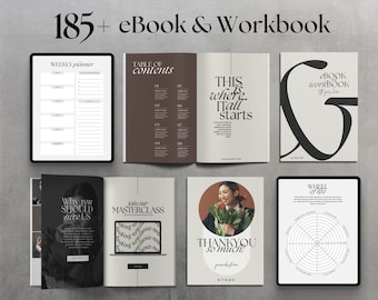 Plantilla de Canva 2 en 1 para libro electrónico y cuaderno de trabajo, imán de clientes potenciales, diseño de revista, creador de cursos, hoja de trabajo de coaching para cursos en línea, guía de servicios y precios.