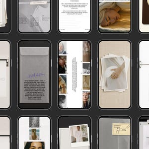 Puede incluir: Una cuadr&iacute;cula de tel&eacute;fonos inteligentes que muestran varias im&aacute;genes y texto. Las pantallas muestran conceptos de dise&ntilde;o, fotograf&iacute;as y contenido basado en texto. La est&eacute;tica general es minimalista con un enfoque en la presentaci&oacute;n visual y la identidad de marca.