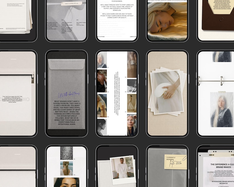 Puede incluir: Una cuadr&iacute;cula de tel&eacute;fonos inteligentes que muestran varias im&aacute;genes y texto. Las pantallas muestran conceptos de dise&ntilde;o, fotograf&iacute;as y contenido basado en texto. La est&eacute;tica general es minimalista con un enfoque en la presentaci&oacute;n visual y la identidad de marca.