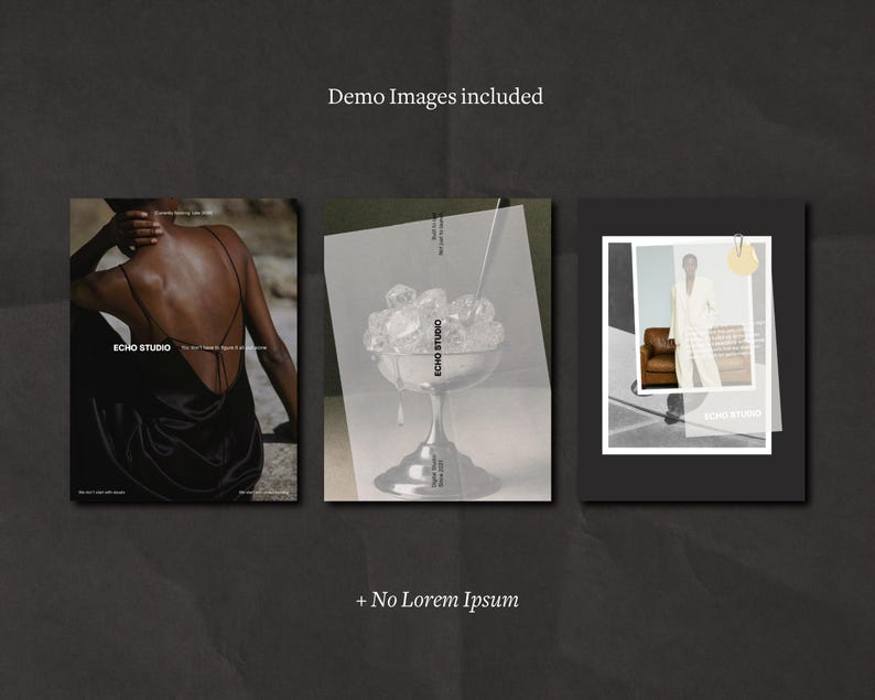 Puede incluir: Un fondo oscuro y texturizado con tres im&aacute;genes enmarcadas. Las im&aacute;genes muestran a una persona con un vestido negro, una copa de c&oacute;ctel con hielo y una persona con un traje blanco. El texto incluye "Demo Images included" y "Echo Studio."