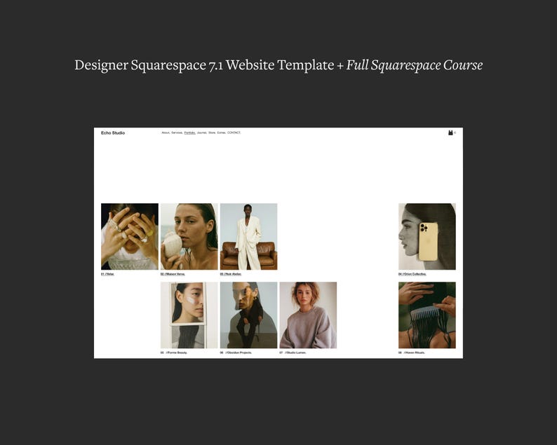 Redaktionell webbmall Squarespace 7.1 Minimal portfoliowebbplats Förfinad designstudiowebbplats Fotografwebbbyrå + Hel kurs bild 3