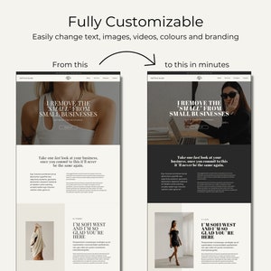 May include: A website design mockup showing a before and after comparison. The before image shows a website with a light background and a woman wearing a white top. The after image shows a website with a dark background and a woman wearing a black top and sunglasses. The text on both websites reads "I remove the "small" from small businesses".