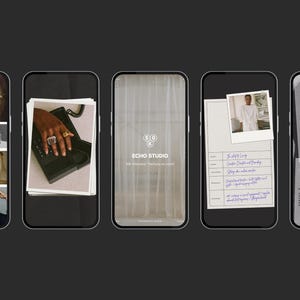 Puede incluir: Una serie de pantallas de tel&eacute;fonos inteligentes que muestran im&aacute;genes y texto. Una pantalla muestra una mano con anillos en un tel&eacute;fono negro. Otra pantalla muestra el texto "ECHO STUDIO". Otras pantallas muestran im&aacute;genes de personas y texto.