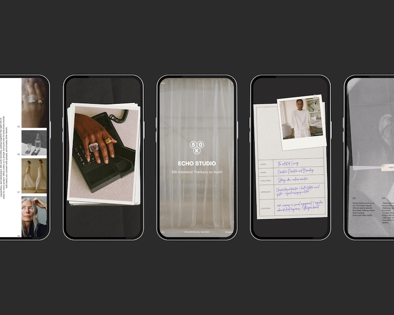 Puede incluir: Una serie de pantallas de tel&eacute;fonos inteligentes que muestran im&aacute;genes y texto. Una pantalla muestra una mano con anillos en un tel&eacute;fono negro. Otra pantalla muestra el texto "ECHO STUDIO". Otras pantallas muestran im&aacute;genes de personas y texto.