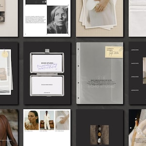 Puede incluir: Una colecci&oacute;n de materiales promocionales y maquetas de dise&ntilde;o, que incluyen una cinta de cassette, un retrato de mujer y una carpeta transparente con texto. Los materiales est&aacute;n dispuestos sobre una superficie oscura, con el texto "ECHO STUDIO" visible.